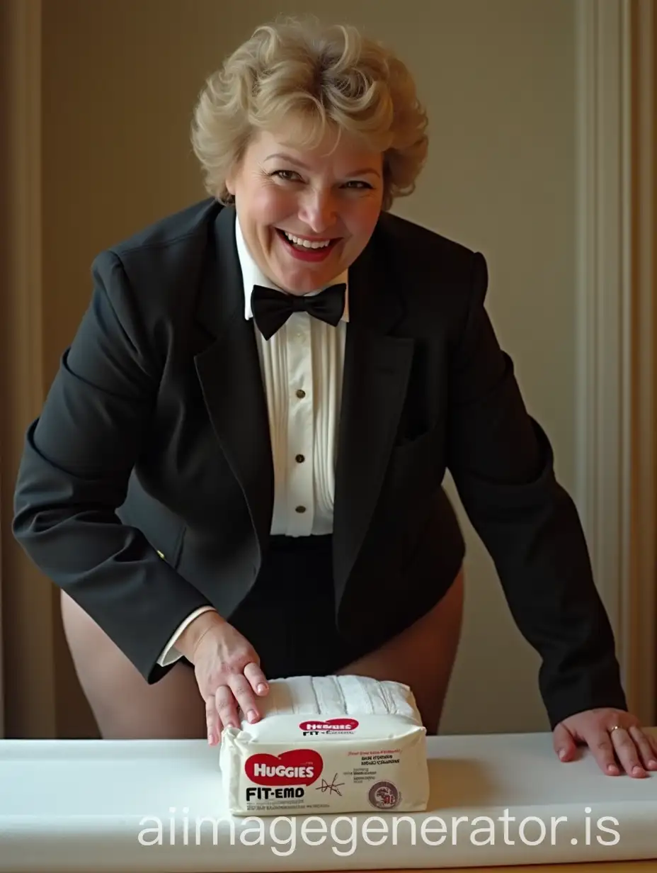 Caucasian-Woman-in-Formal-Tuxedo-Demonstrating-1980s-Huggies-Diapers-in-Nursery