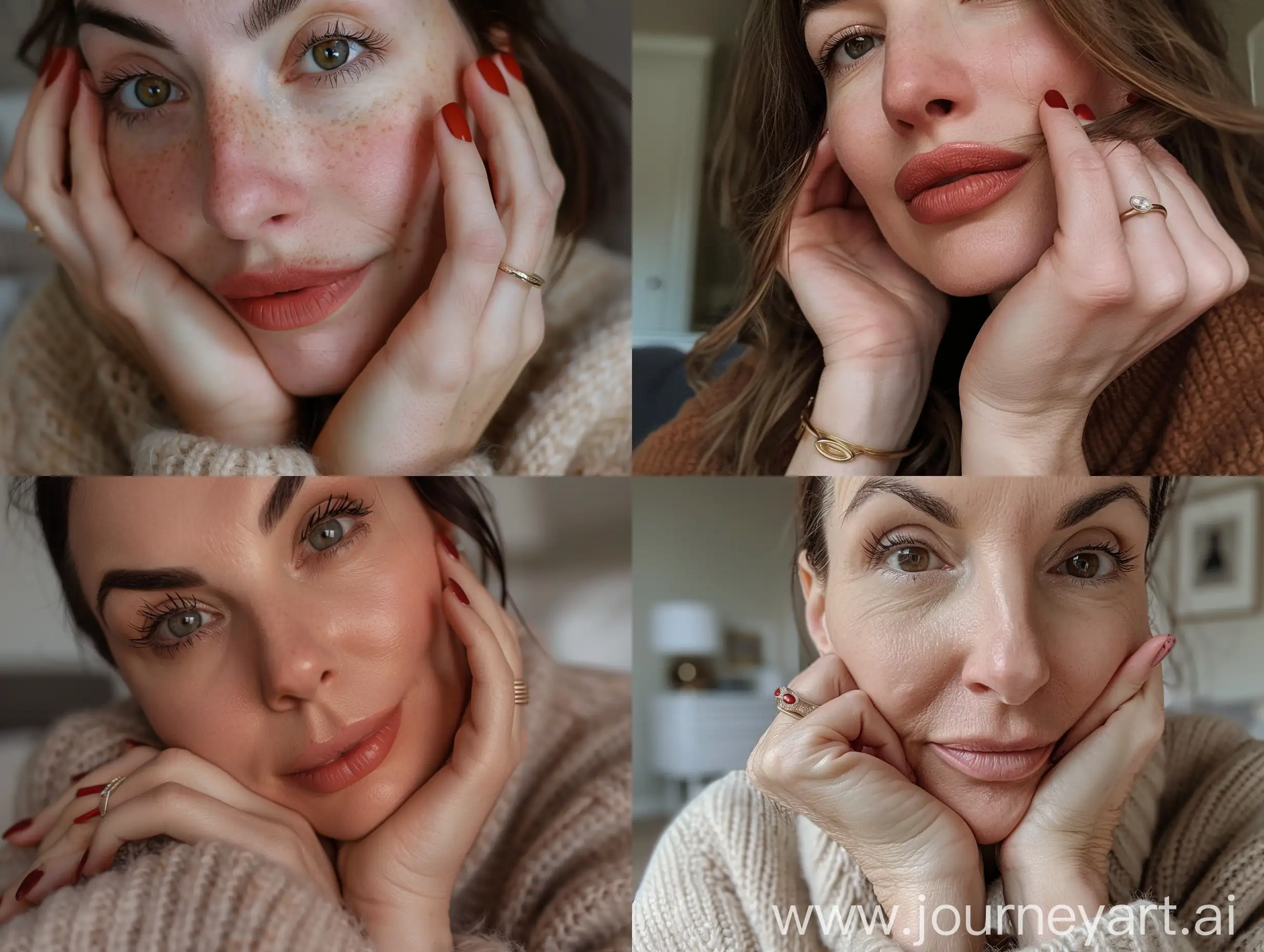 Matte-Brown-Makeup-and-Red-Gel-Nails-British-Mothers-CloseUp-Selfie-in-London-Flat