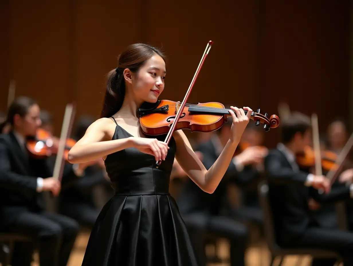 Young-Woman-Playing-Violin-in-Formal-Black-Dress-at-Concert-Hall