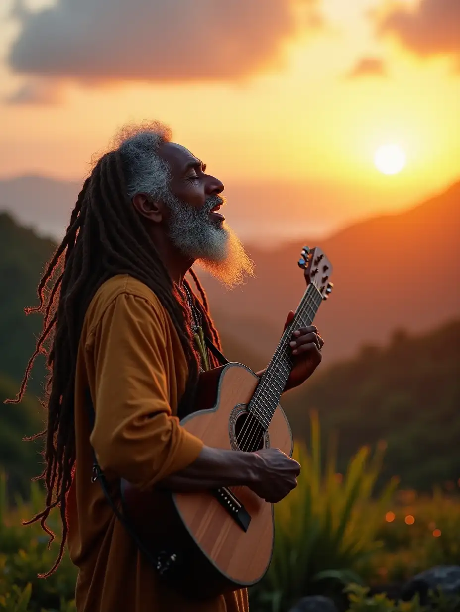 A serene, cinematic keyframe depicting a wise, wispy-bearded Rastafarian elder, dressed in earthy tones and adorned with colorful, woven dreadlocks, standing atop a lush, verdant mountain at sunset, strumming a worn, acoustic guitar and singing with eyes closed, as the warm, golden sun sinks slowly into the horizon, casting a kaleidoscope of vibrant oranges, pinks, and purples across the sky, with the faintest hint of soft, whispy clouds drifting lazily above, illuminated by the fading light, all set against a backdrop of lush, emerald green foliage and rocky terrain, with the subject's wispy beard and dreadlocks gently swaying in the gentle breeze, as the camera captures the intimate moment with a shallow depth of field, selectively focusing on the elder's worn, weathered face, adorned with gentle, age-old wrinkles, and wispy, silver-gray eyebrows, with the warm, cinematic lighting, and subtle