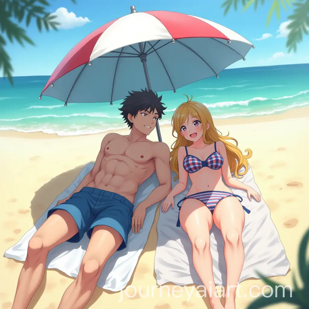 Anime-Couple-Relaxing-on-the-Beach-Under-an-Umbrella-in-Swimsuits