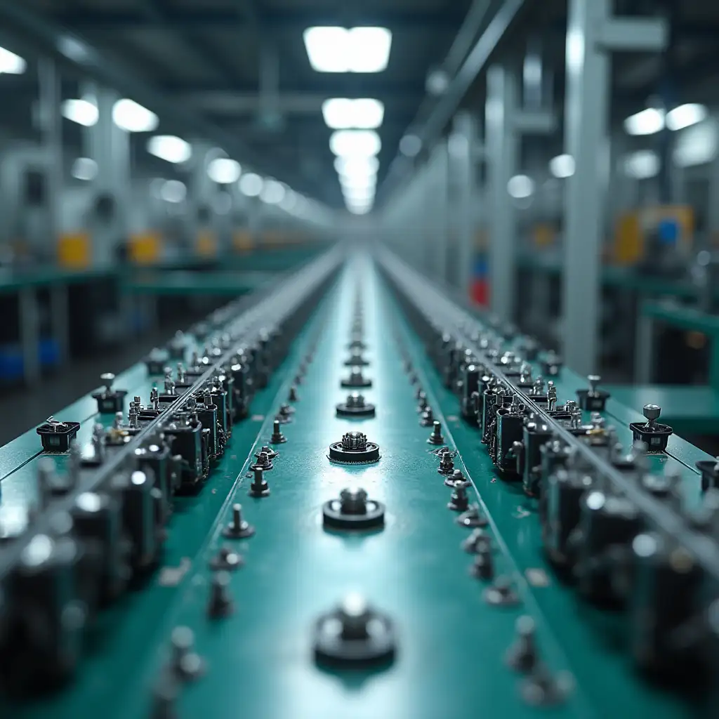 create a photograph of an assembly line perfectly organized