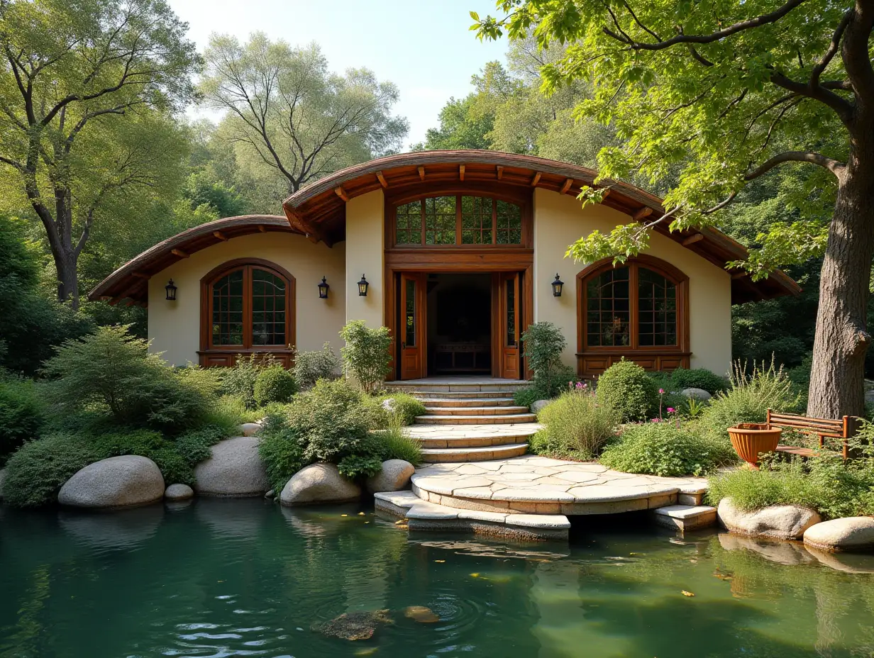 crooked house pond in the garden  wooden plantings stucco in the form of,large windows with glass to, curved, smooth window shapes, winding large entrance steps made of wood complex curved roof with pond ,Lanterns,Bench Apple tree 4K resolution Colorful superwide-angle shots