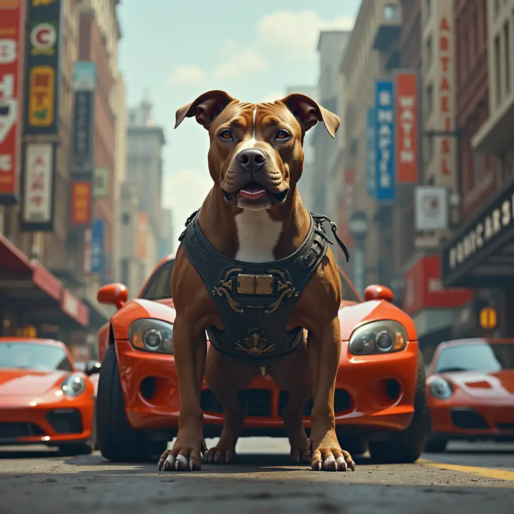 spider with a pitbull dog surrounded with super cars