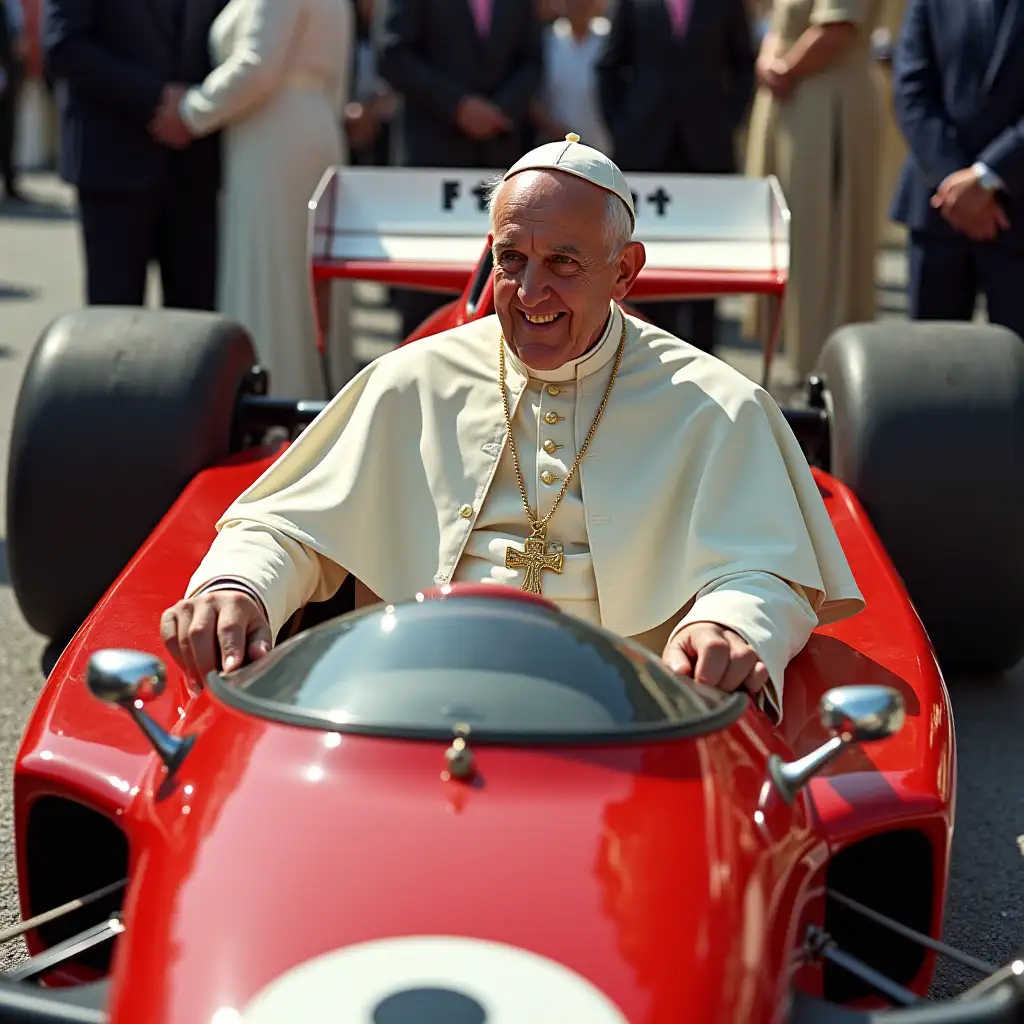 Pope John Paul II sitting inside a Papal Vatican Formula One car