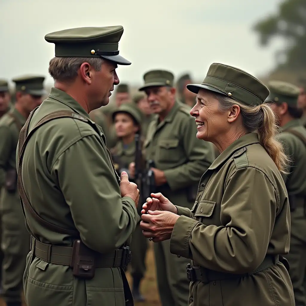 Commando soldiers gossip with old women in the comb spinner