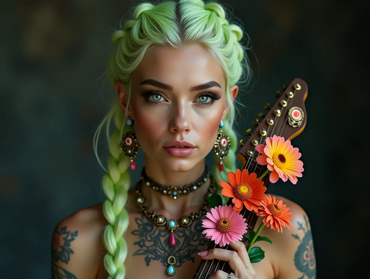 user_prompt: Hyperrealistic representation of a beautiful white woman with a -tattoo, futuristic long green-yellow braided hair and laced boots, holding E-guitar flowers and wearing intricately detailed, colorful and futuristic jewelry. Background blurred, black 120-mm shot