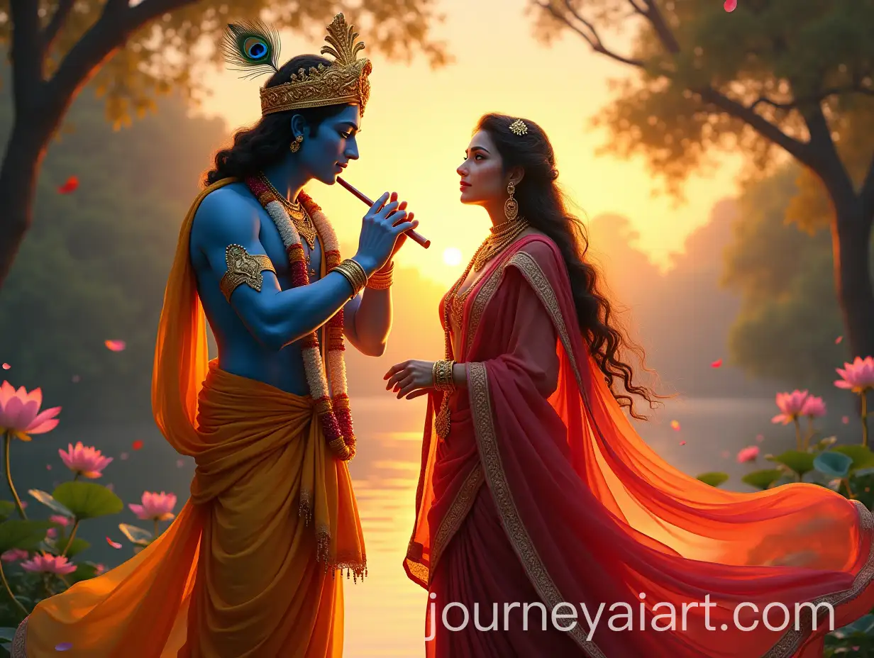 Lord-Krishna-and-Goddess-Radha-in-Serene-Vrindavan-at-Sunset