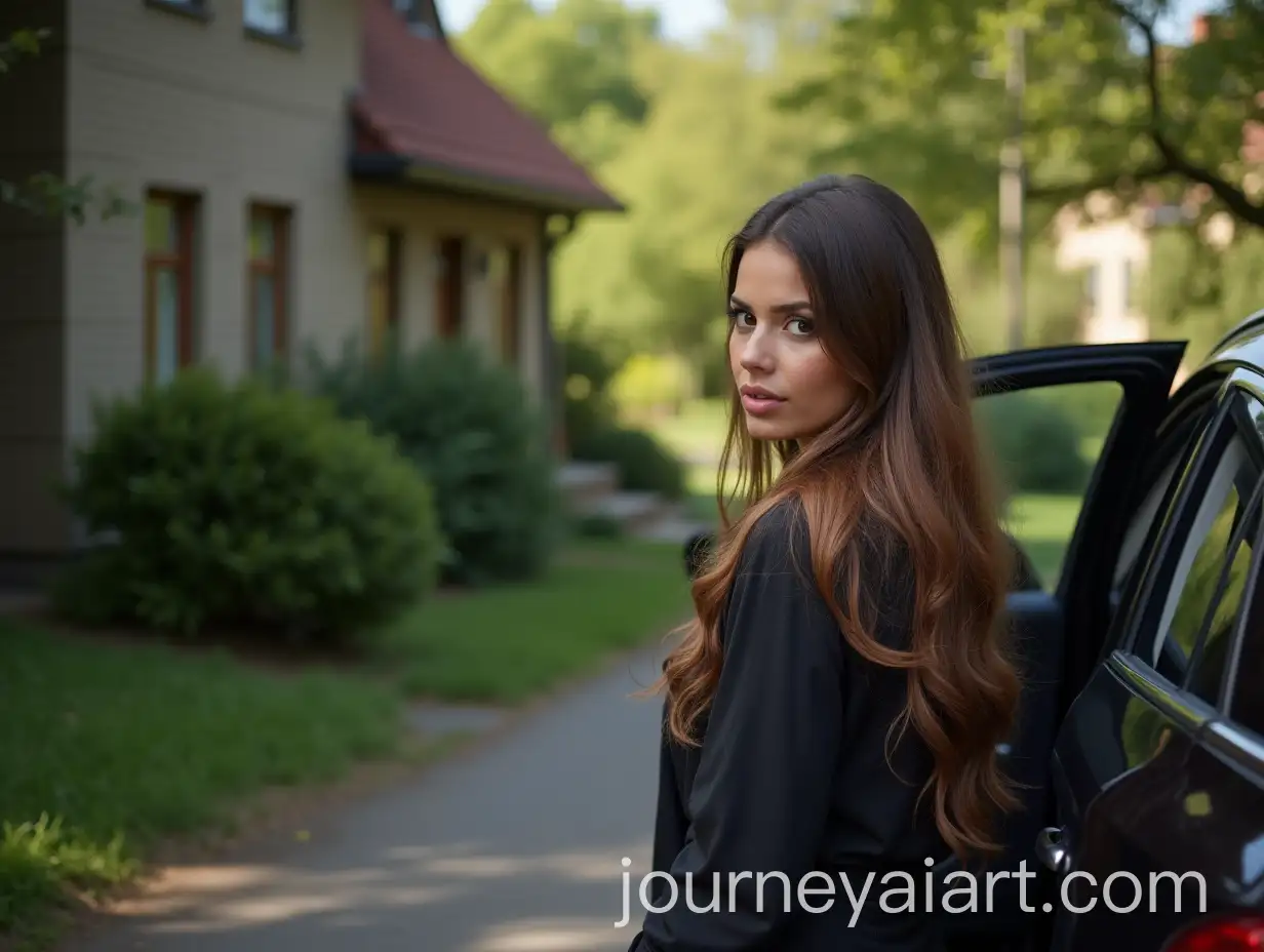 Elegant-Woman-Exiting-Black-Car-Near-Village-House-on-Summer-Street