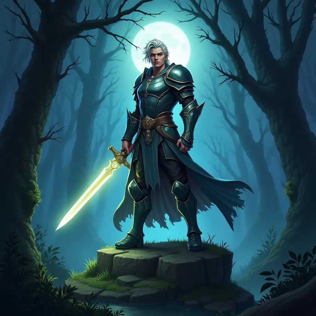 A fantasy-themed illustration of the character as a warrior in a mystical forest, wielding a glowing sword. The scene is bathed in moonlight, with the character standing confidently on a moss-covered rock. Fantasy art style, detailed armor design, soft glows, mystical lighting, magical atmosphere, intricate foliage, hand-painted effects, 2:3 portrait ratio