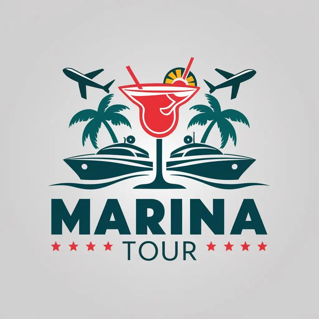 LOGO-Design-for-Marina-Tour-Glamorous-Cocktail-with-Yacht-Palm-and-Airplane