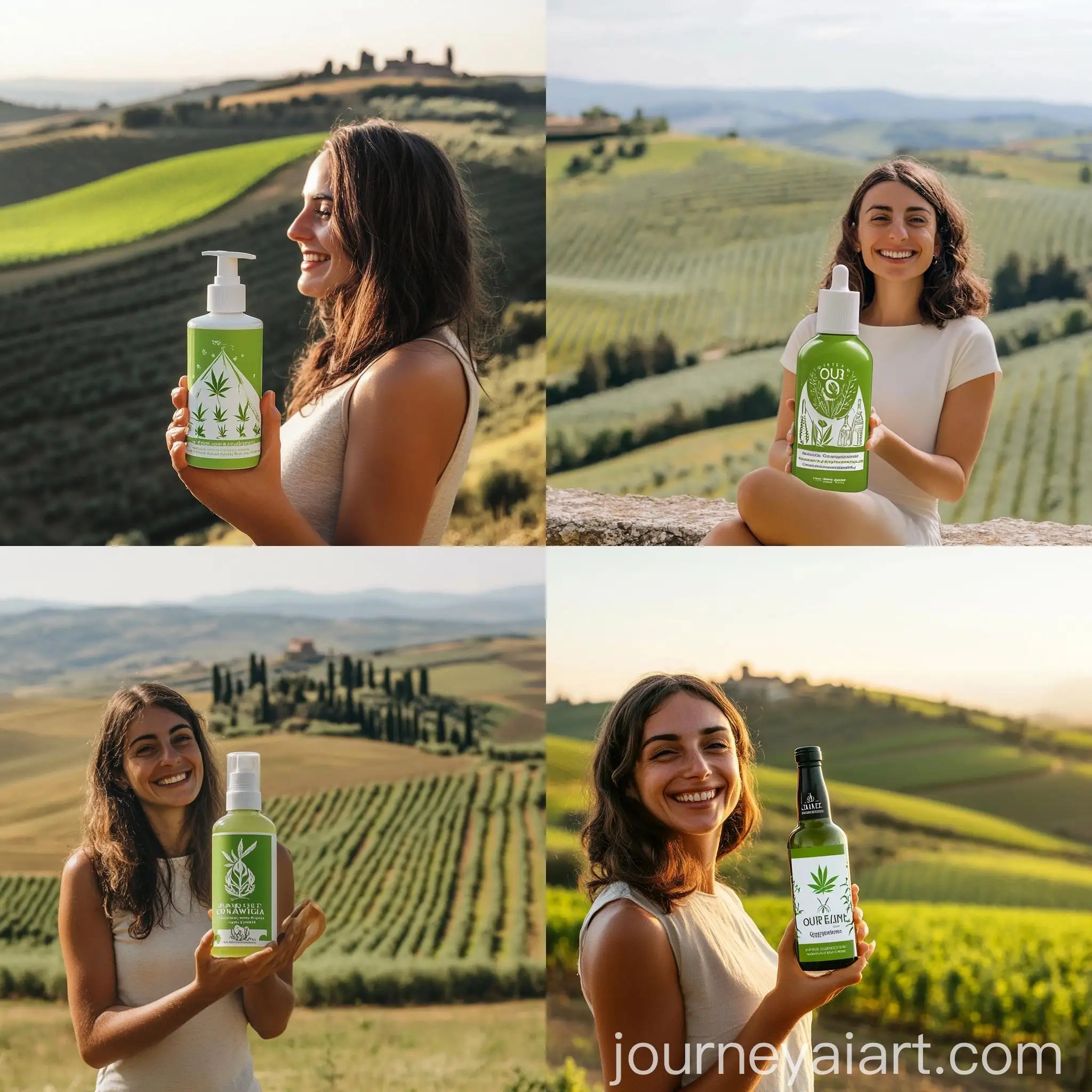 Happy-Italian-Woman-Holding-Cream-Bottle-in-Hemp-Field-Landscape