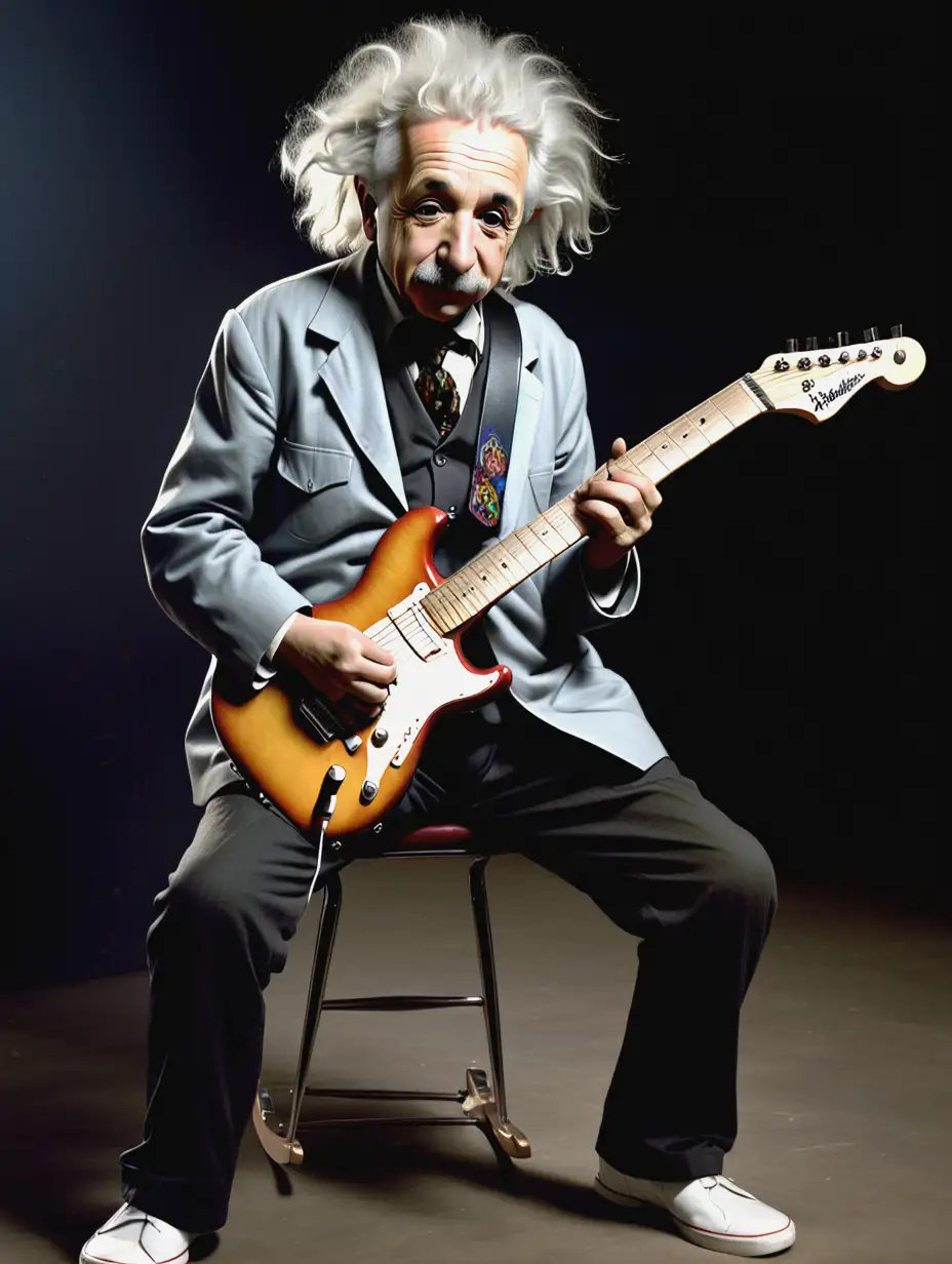 Albert Einstein like a rocker playing electric guitar