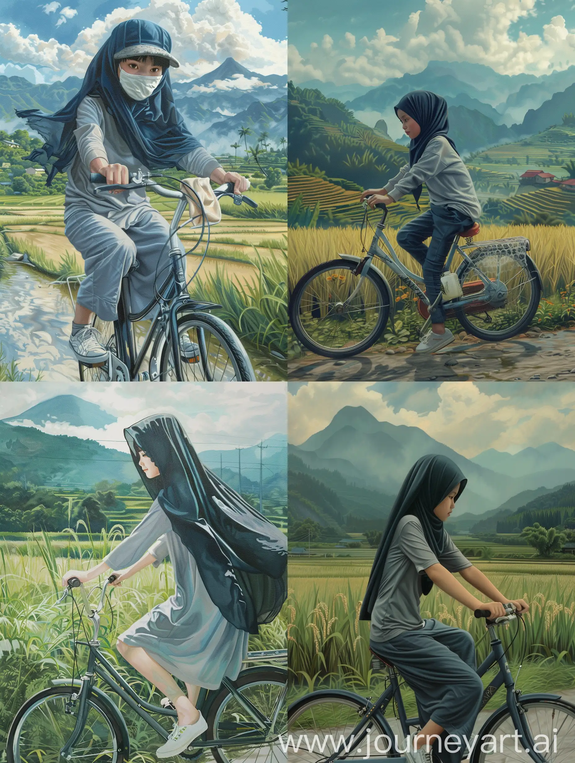 Young-Girl-Cycling-in-Navy-Veil-with-Mountain-and-Rice-Fields-Background
