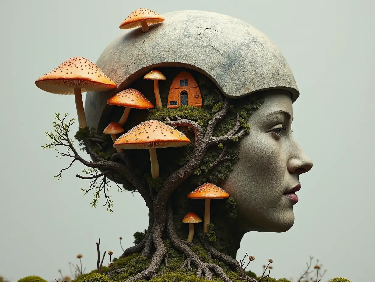 Head with helmet, stones, mushrooms, roots transformed into building