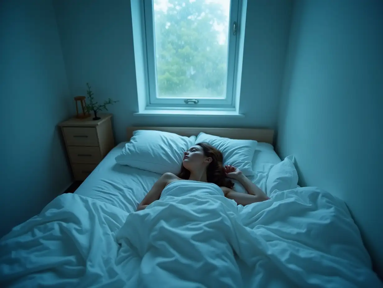 user_prompt: top shot shooting down, on a small bedroom, white walls, a young caucasian woman, laying in her bed, covered in white sheet, staring at the ceiling, soft blue light enters through the window, its raining outside