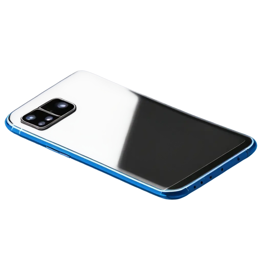 A modern smartphone frame with a sleek design, thin blue edges, a black glossy screen, and realistic lighting and shadow effects. The phone should have a small front camera notch and side buttons, with a reflective metallic finish.