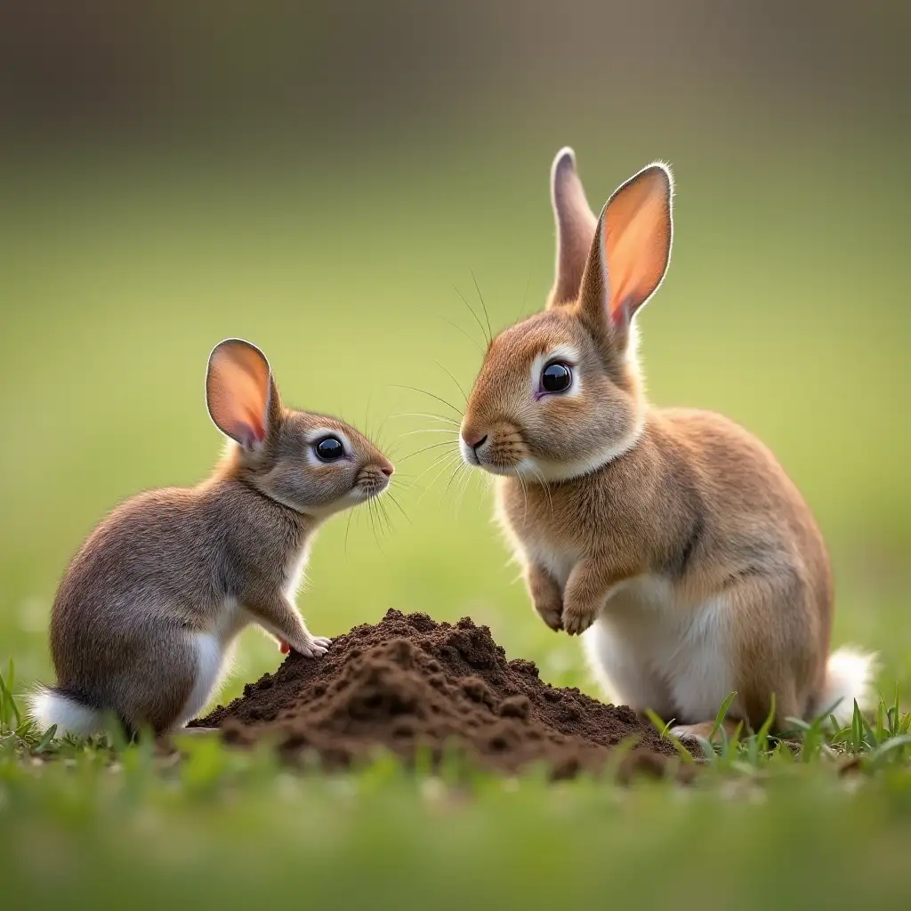 A mouse comes face to face with a grateful-looking rabbit. In front of a mound trap on the grassland