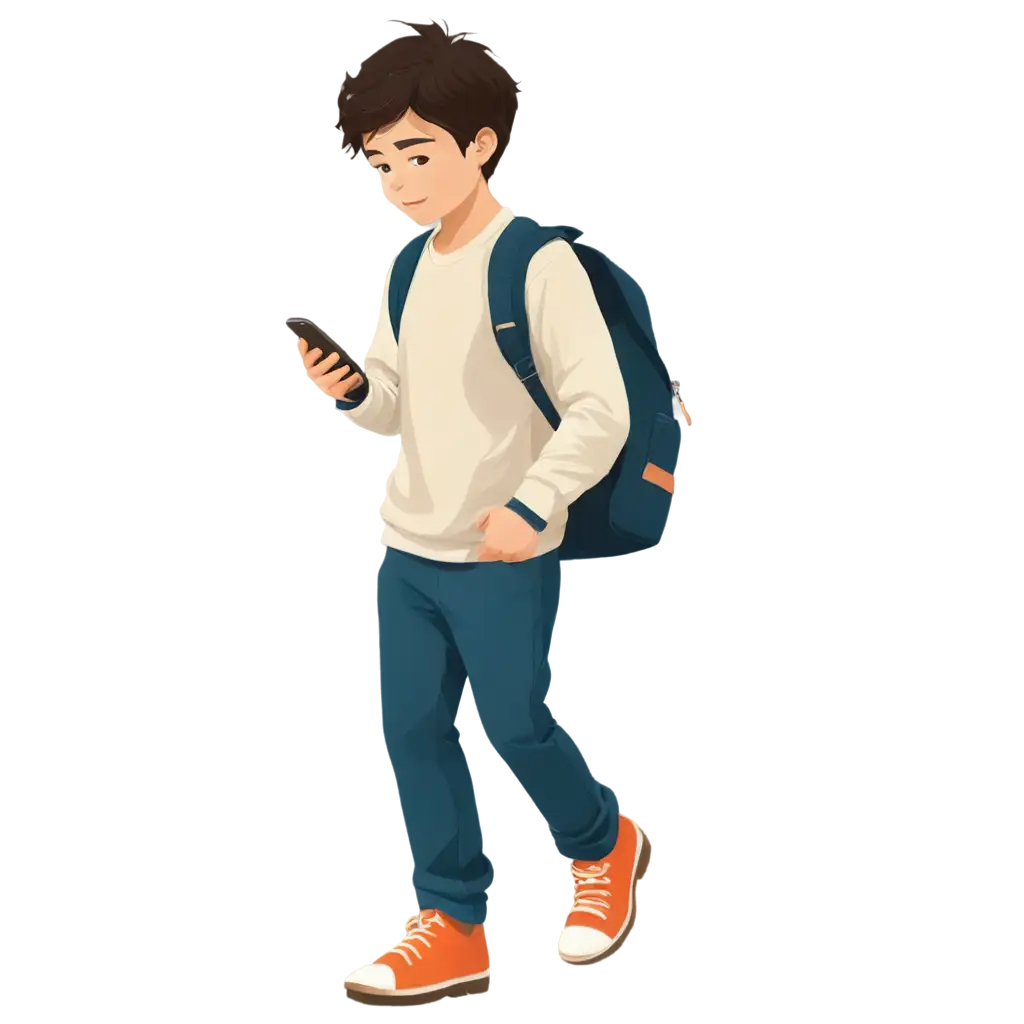 walking 2d Boy holding smartphone with backpack