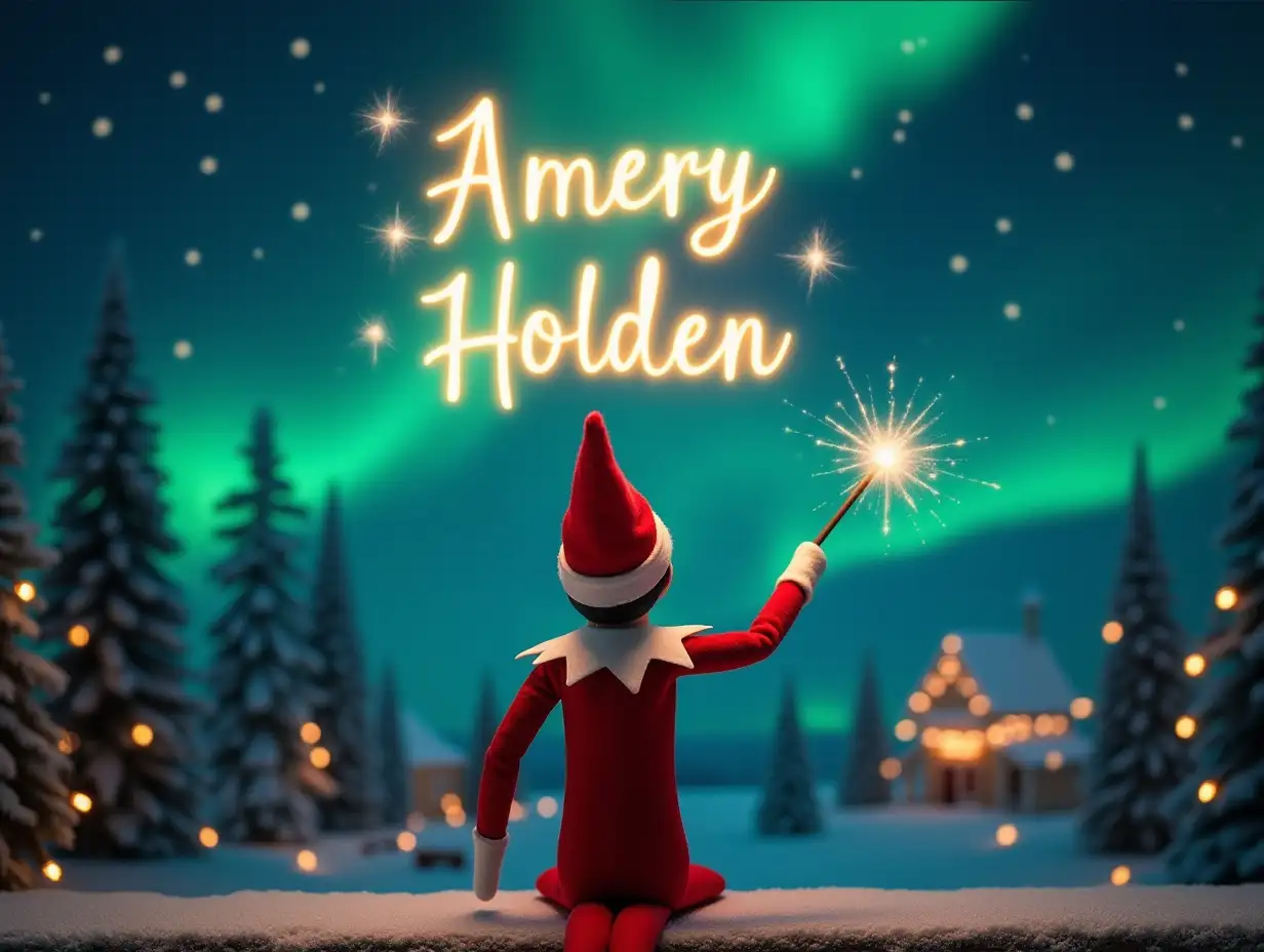 An enchanting Christmas scene featuring an elf on the shelf, who is facing the sky with her back to the viewer. The elf, dressed in red and white, wields a magic wand, writing 'Amery' and 'Holden' in a glowing script above him. The backdrop is adorned with vibrant northern lights, adding a magical ambiance. The scene is festive, portraying the spirit of Christmas with a whimsical twist. The elf's position and action create a sense of wonder and excitement that captures the joy of the holiday season.