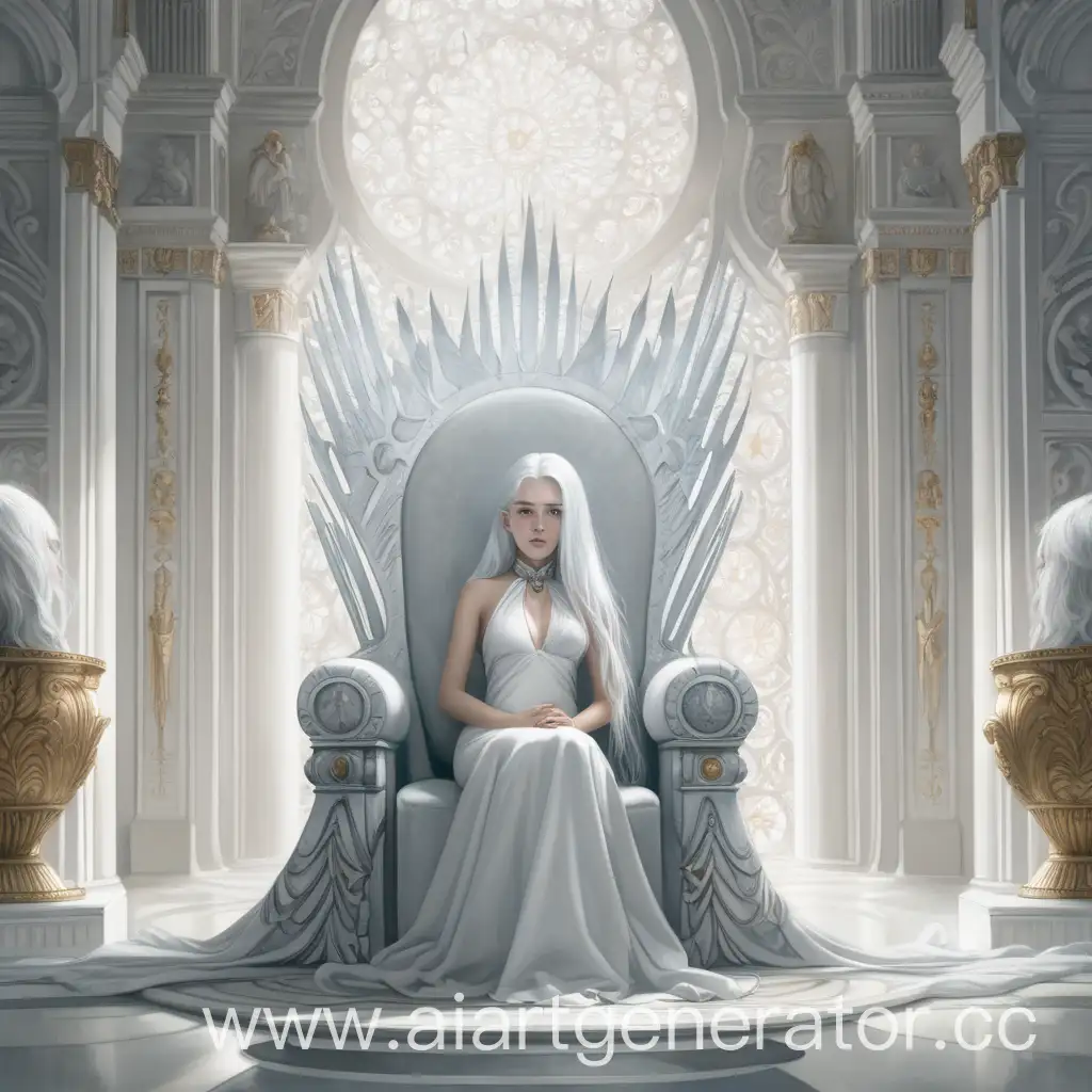 A girl with white hair in a long white dress sits in a white throne room