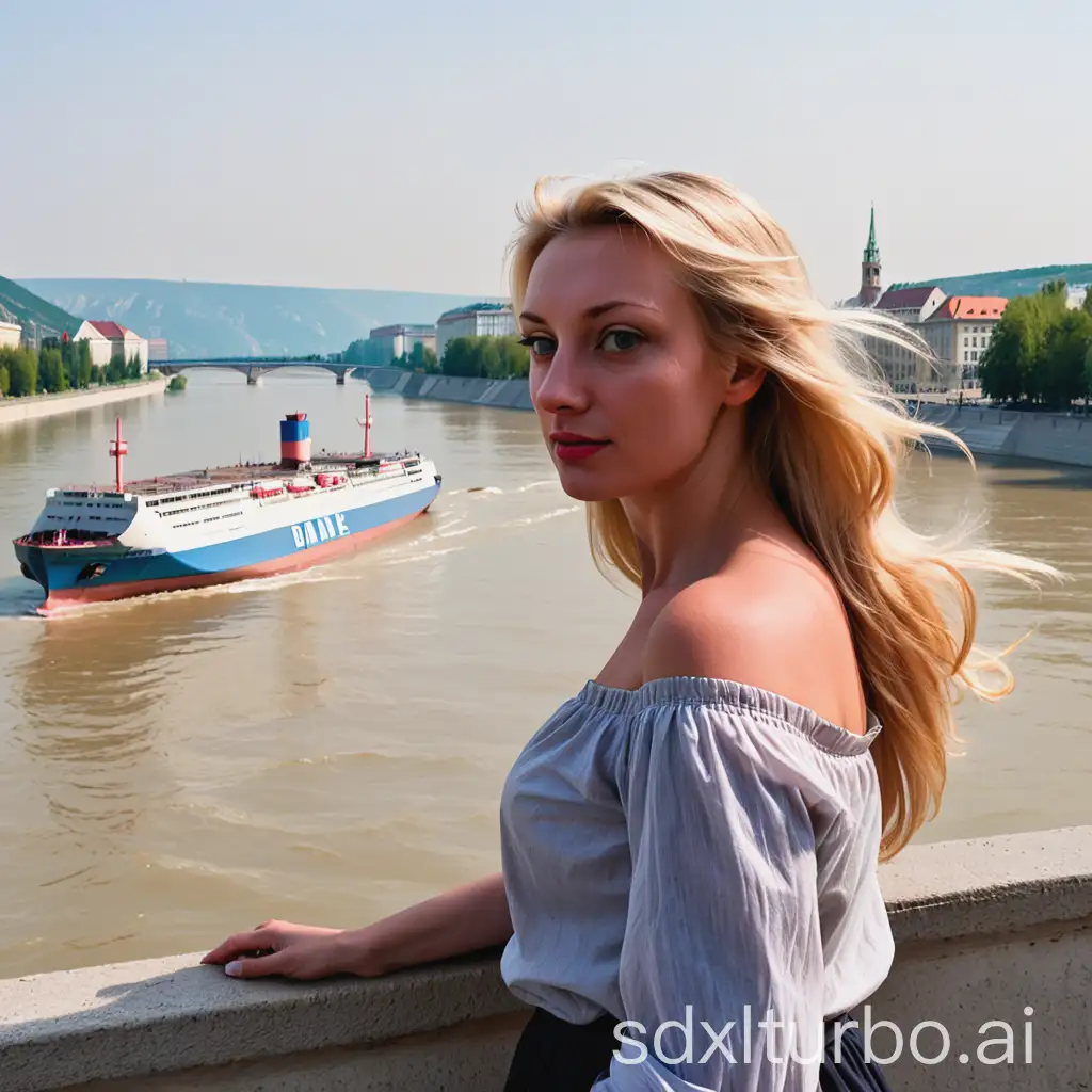 Blonde-Woman-on-the-Banks-of-the-Danube-with-a-Ship-in-the-Background