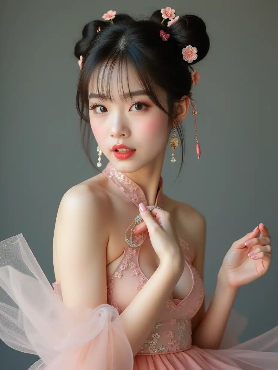 A photograph captures a mesmerizing cute Chinese young adult. She is wearing a frontless qipao and is posing gracefully for a playful photo shoot. As she dances and spins, the skirt flares out beautifully. Her hairstyle features see-through bangs with face-framing, complemented by a stunning hairpin, headpieces, and earrings. With a flirty gaze toward the camera, she displays a pose in vibrant, lifelike detail. The exquisite lighting enhances the overall effect of the image.