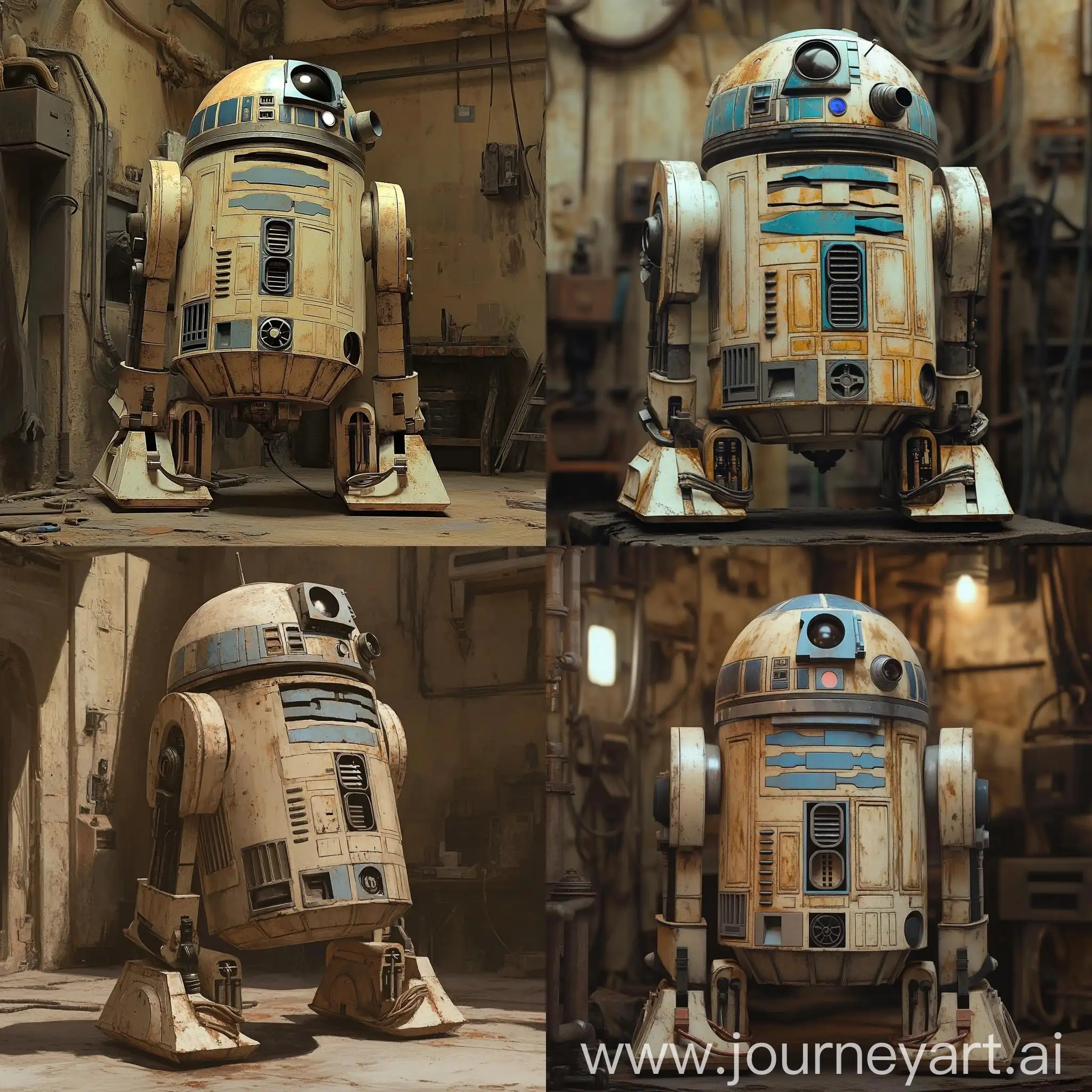 Cream-Colored-Droid-in-Tatooine-Workshop-with-Dramatic-Lighting