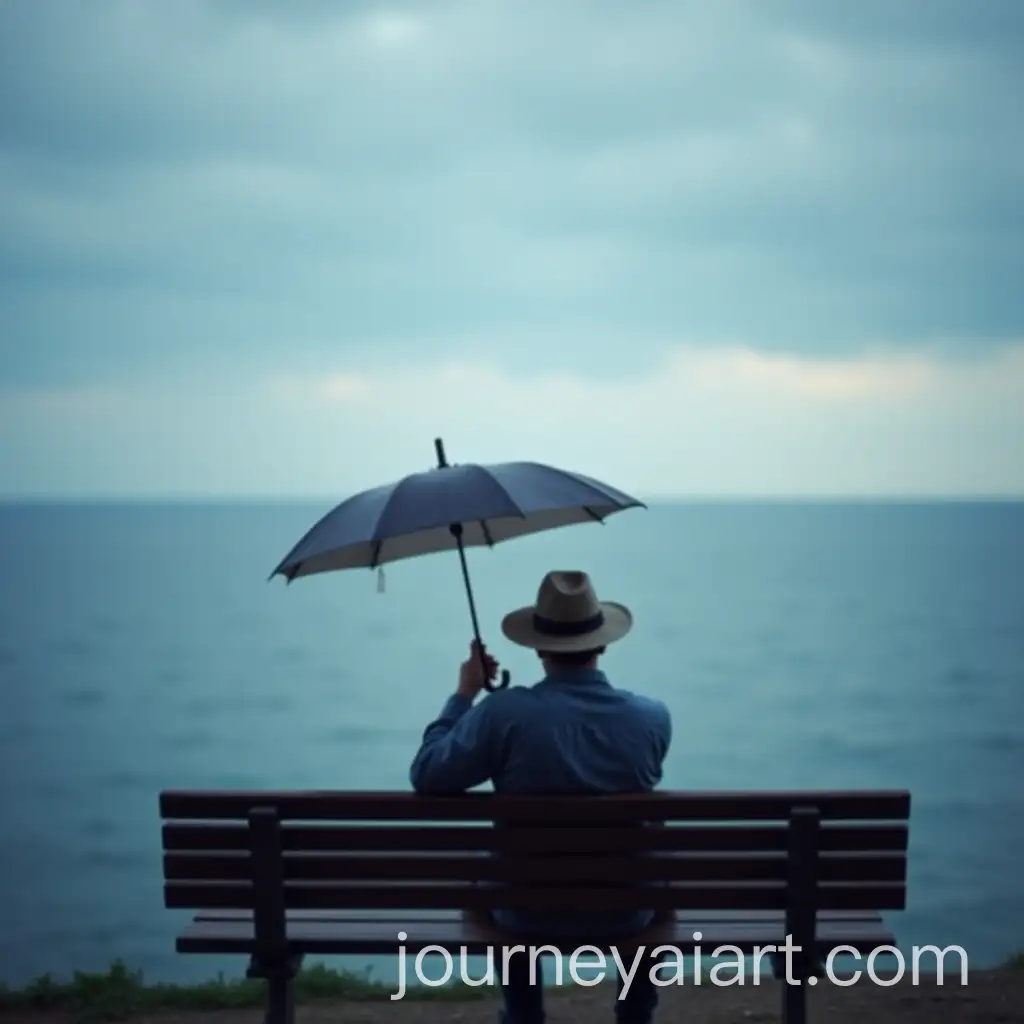 Man-with-Umbrella-Sitting-on-Bench-by-the-Sea-in-Long-Exposure-Photograph
