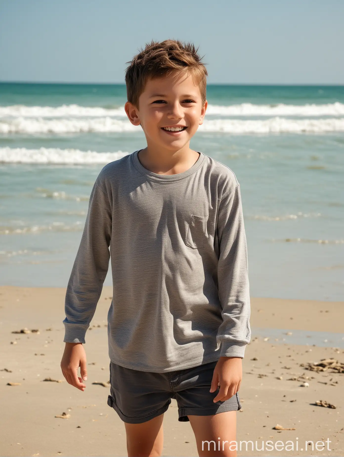 Happy 9YearOld Boy Enjoying Beach Fun