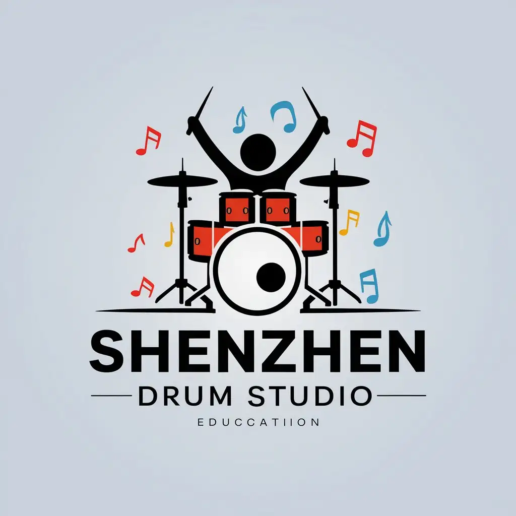 LOGO-Design-For-ShenZhen-Drum-Studio-Drum-Set-and-Musical-Notes-in-Vibrant-Colors-for-Education-Industry