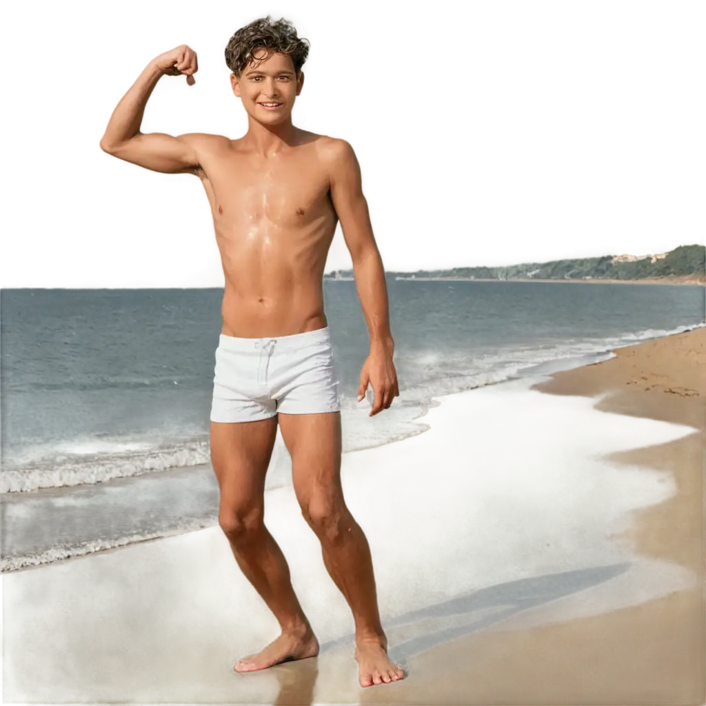 Slender-Tanned-Boy-in-Wet-White-Swim-Briefs-Stretching-on-the-Beach-PNG-Image-for-HighQuality-Web-Usage