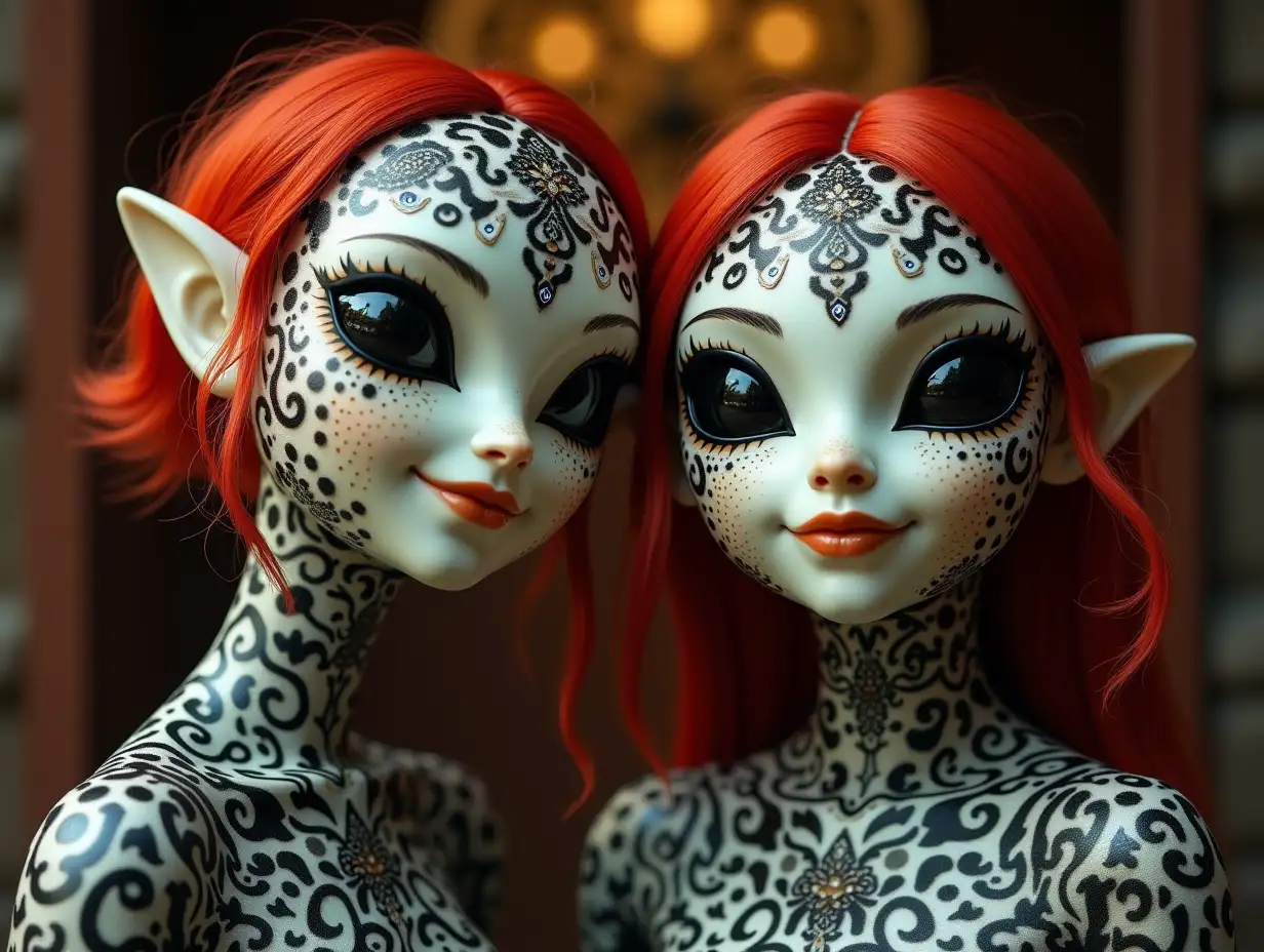 Two young black and white patterned Older Fish with Alien Face, with red hair, with a slight smile on their face, underlines their smile, modern retro jewelry, in a temple many diamonds various shades 4k