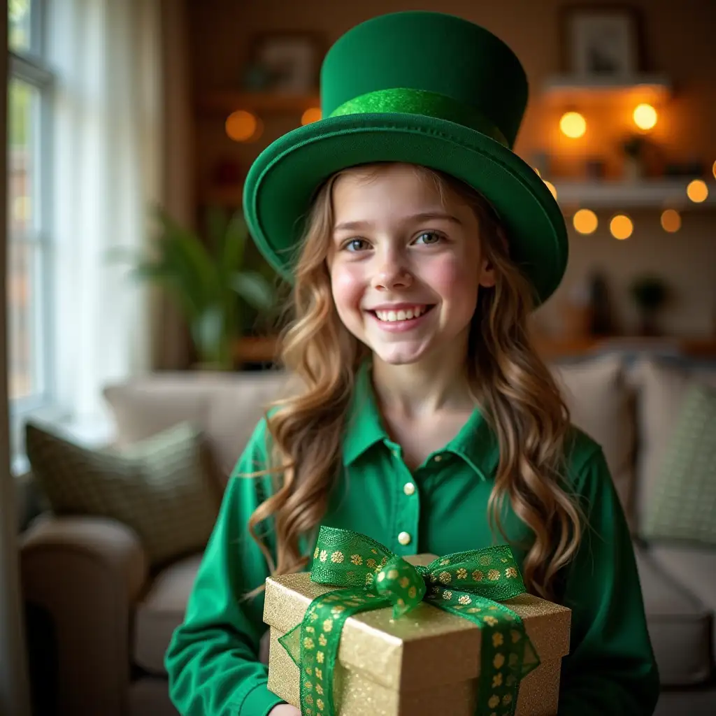 A 14-year-old girl is inside the house, wearing a St. Patrick's Day hat, St. Patrick's Day clothes, holding a gift box in her hand, with a sweet smile on her mouth. On St. Patrick's Day, the atmosphere is lively, photographed, and delicate,