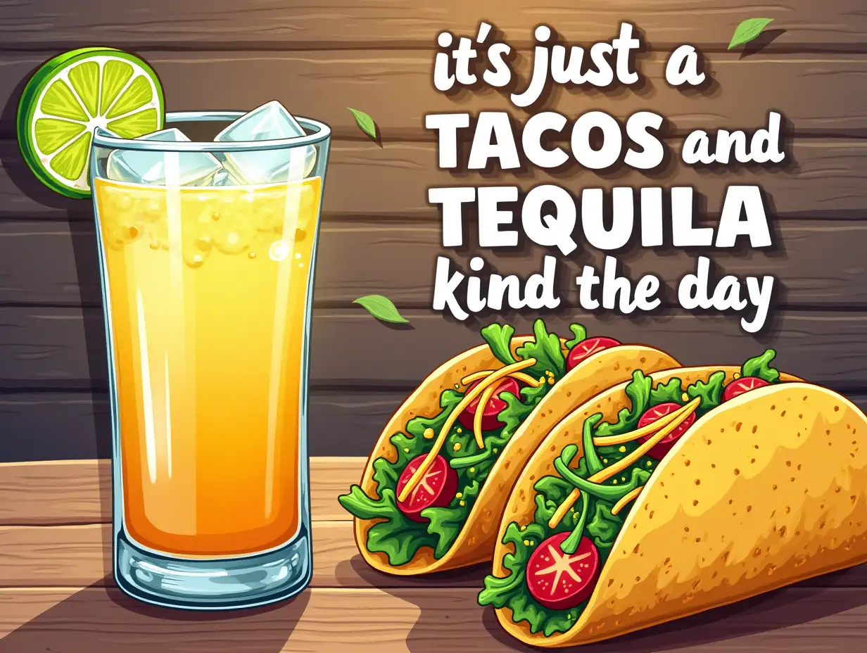 grunge-style. A vibrant and playful scene featuring a refreshing cocktail in a glass, garnished with lime slices, set against a rustic wooden background. The drink showcases bright yellow hues with ice cubes glistening. To the right, there are two tacos filled with colorful ingredients like lettuce, tomatoes, and cheese, artistically illustrated. The text 'it's just a Tacos and Tequila kind of day' is artfully integrated into the composition with a fun, bold font. The overall aesthetic is a lively mix of hand-drawn illustrations and bright, inviting colors, evoking a cheerful and laid-back atmosphere reminiscent of Mexican cuisine and culture.