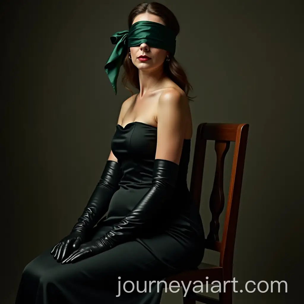 Elegant-Blindfolded-Woman-in-Black-Satin-Dress-and-Green-Silk-Band