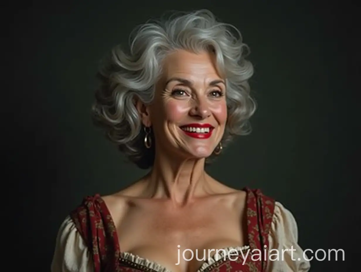 Elderly-Woman-with-Wavy-Gray-Hair-and-Playful-Expression-in-an-Old-Dress