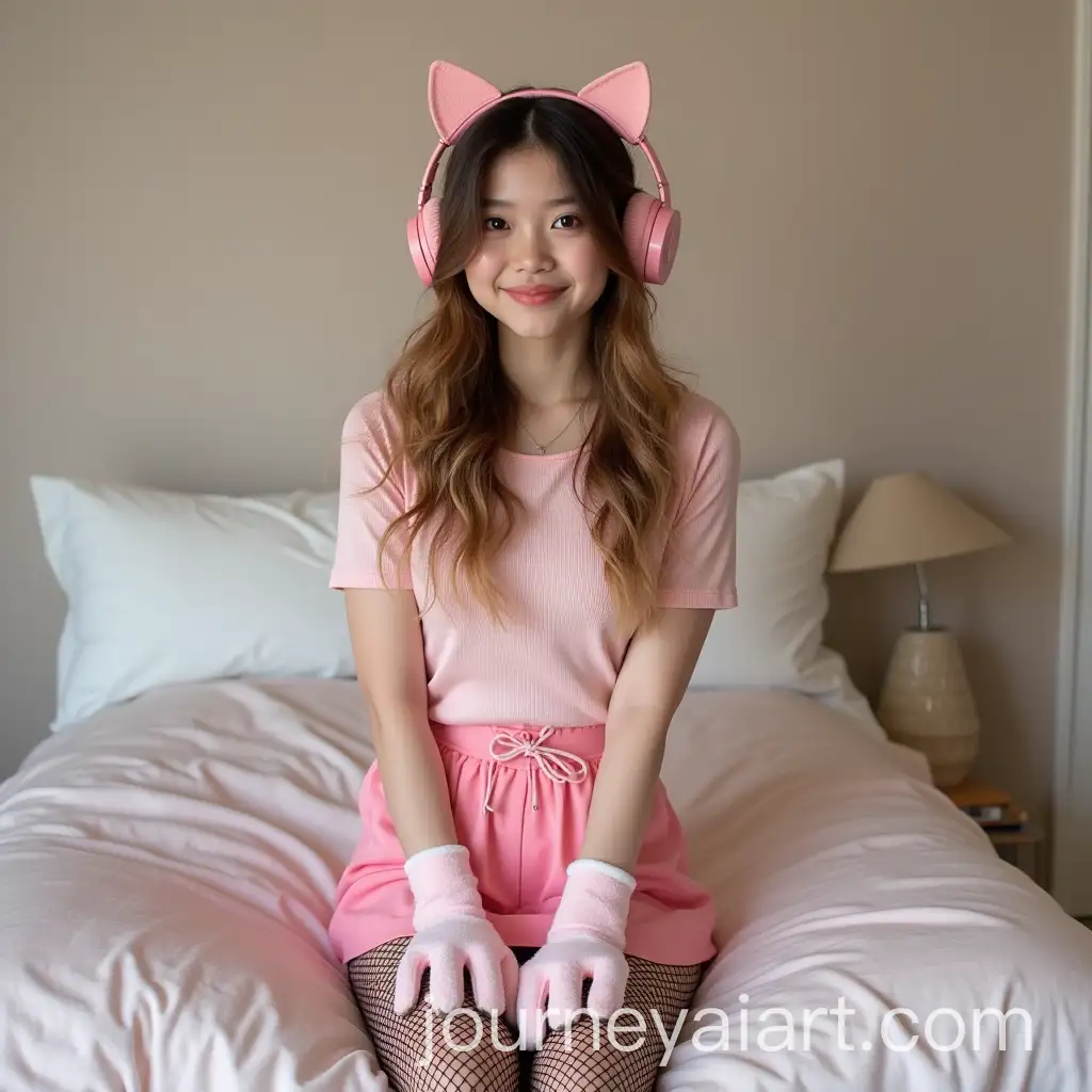 Teenager-in-Pink-Mini-Skirt-with-Cat-Ears-Headphones-and-Fishnet-Stockings-on-Bed