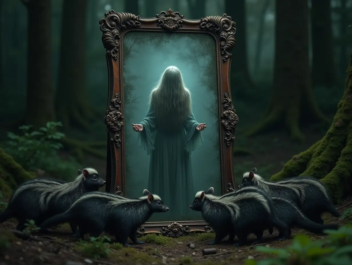 image of extreme realism and high quality in details and textures of an old full-length mirror that has trapped behind the glass an ethereal and terrifying ghost of an old woman with long hair and long dresses desperately trying to get out through the glass. The mirror with a vieja textured metal frame of extreme realismo is in the middle of a dark and mossy forest. In front of the mirror, a group of skunks curiously observe the curious glass