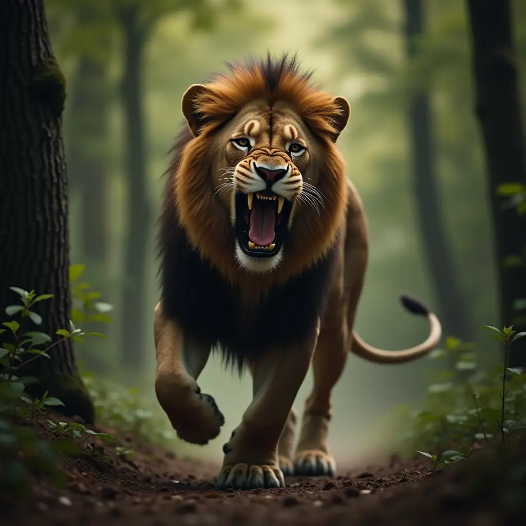 Majestic Lion Roaring in the Lush Forest