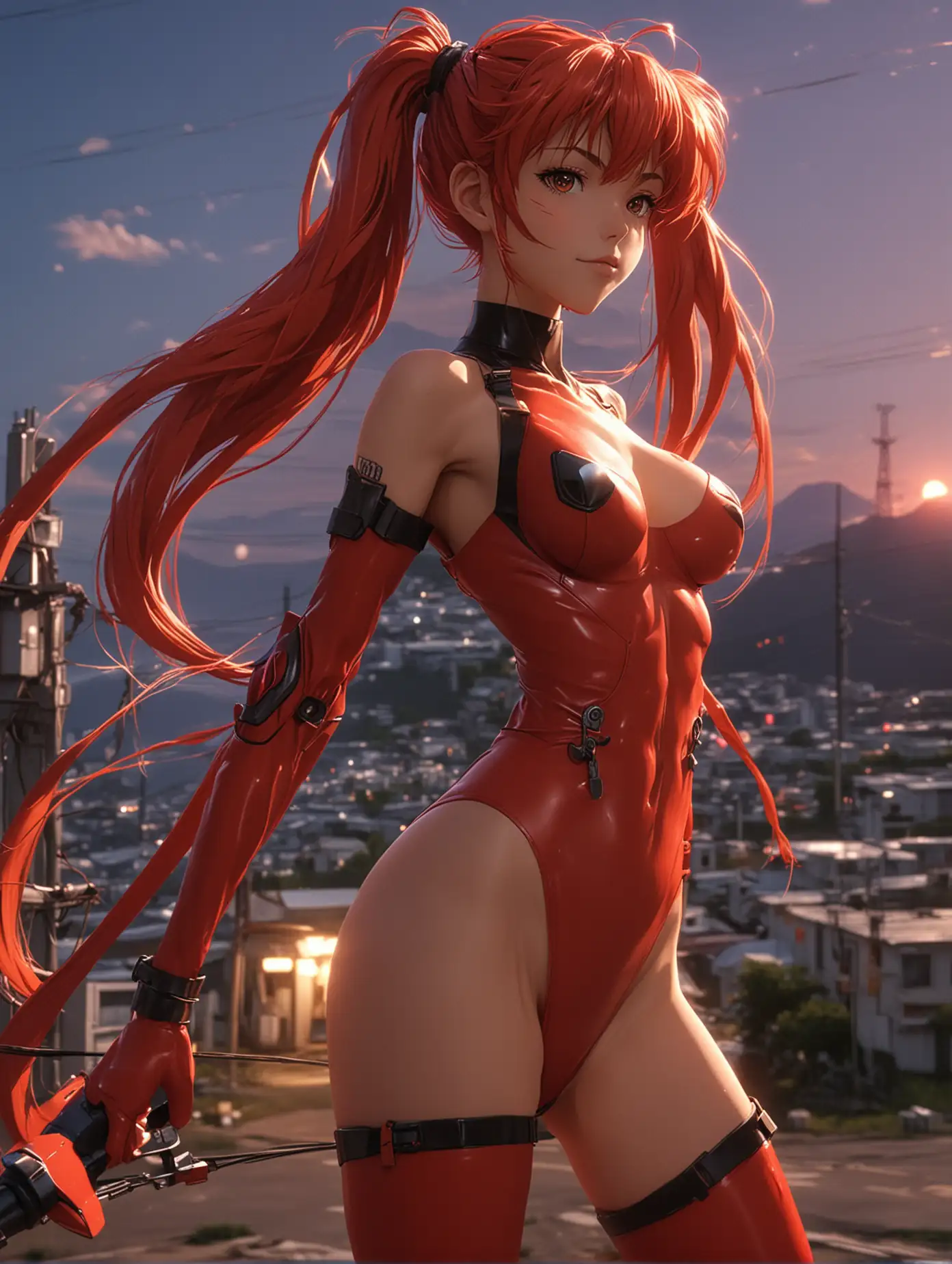 Neon-Genesis-Evangelion-Pilot-in-Red-Swimsuit-Firing-Bazooka-at-Distant-Target