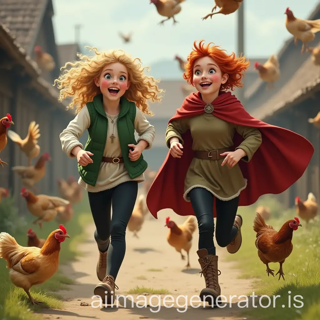 Two-Girls-Playing-Prank-with-Chickens-Flying-Around