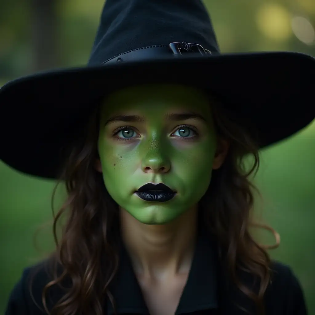 Young Girl in Witch Costume with Dark Lipstick and Green Face