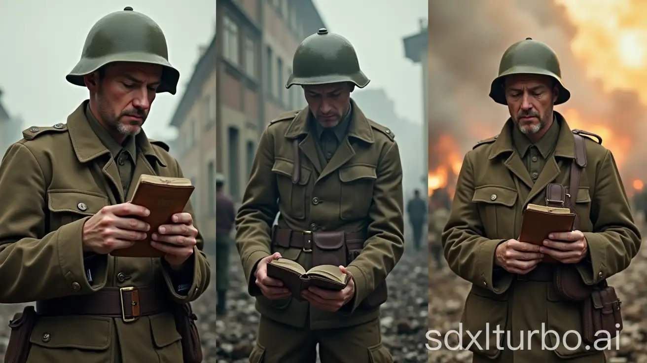 Create an image with this prompt: a high-quality, realistic photo in a 16:9 ratio, depicting a soldier during World War I coming across a notebook on the battlefield. In the first scene, the soldier gingerly picks up the worn notebook amidst the chaos and destruction, his expression a mix of curiosity and caution. The second scene shows the soldier in the midst of intensified bombing, scrambling for cover while clutching his notebook tightly, highlighting the harsh reality of war. The final scene depicts the exhausted but surviving soldier, holding the notebook as a symbol of hope and resilience after the battle. These poignant images capture the soldier's journey through the horrors of war and the enduring strength of the human spirit.