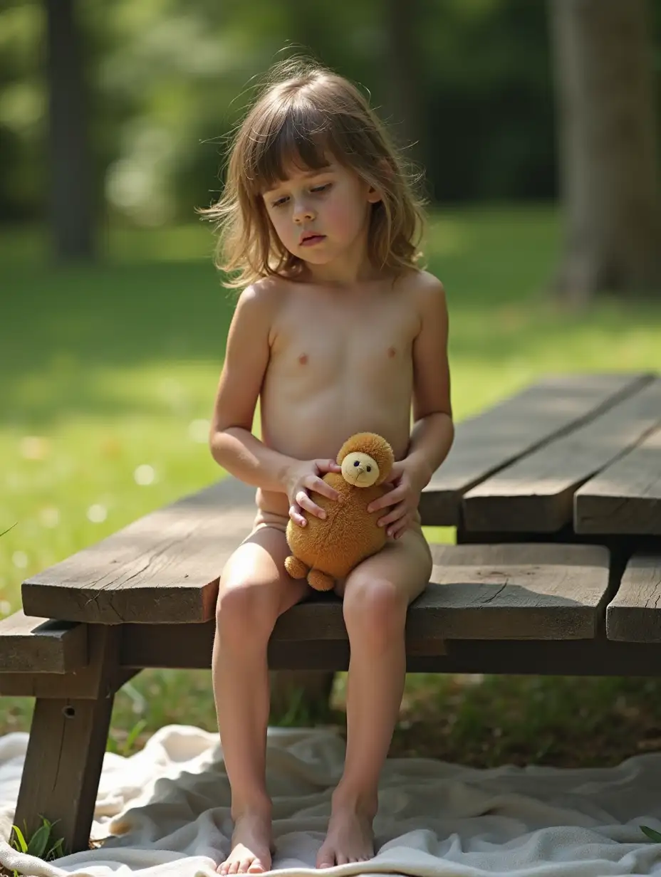 Skinny-Little-Girl-Holding-Stuffed-Animal-on-a-Sunny-Picnic-Day