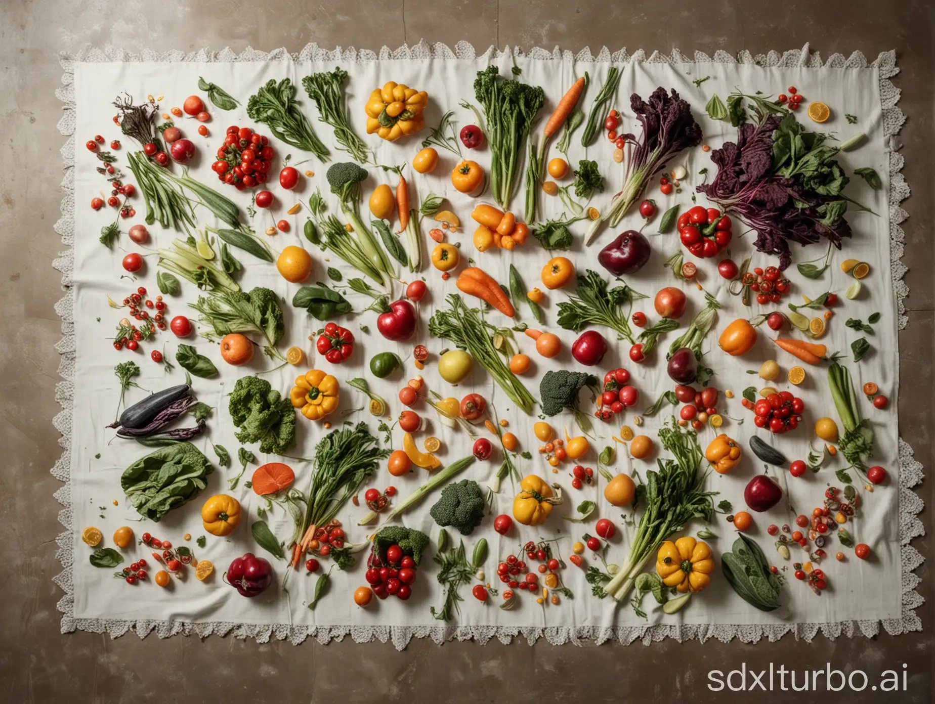 a tablecloth scattered with various vegetables and fruits