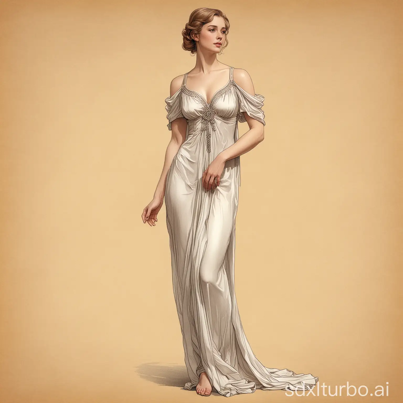 drawing, art nuveau style, of a young elegant woman standing. Full figure