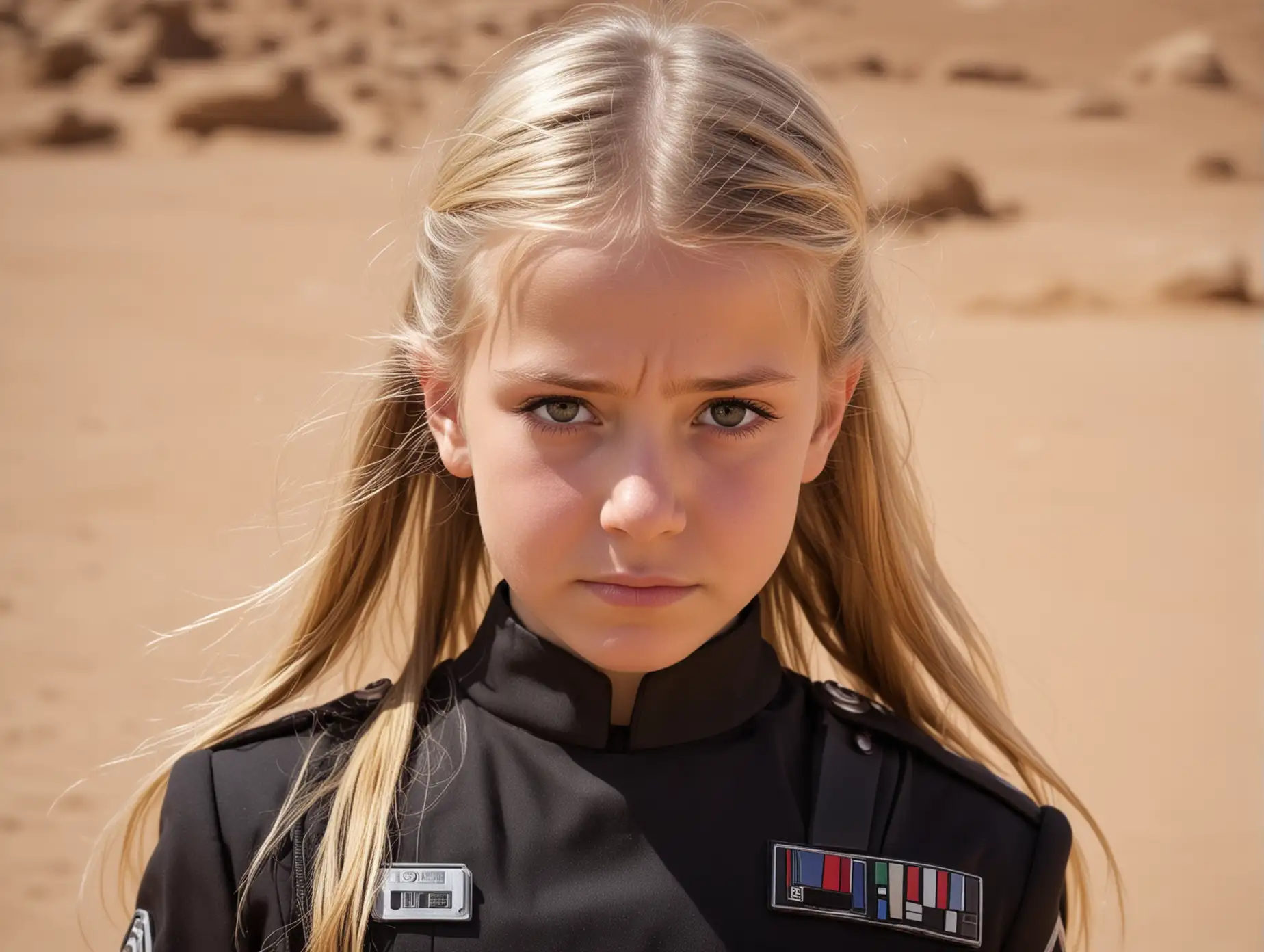 girl, 10 year old, star wars, imperial officer, black uniform, long blond hair, desert, low camera angle, sweaty skin, exhausted facial expression, athletic body