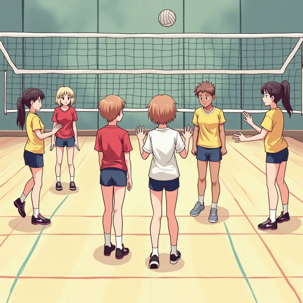 A group of 12 year old girls playing volleyball in the gym, manga comics