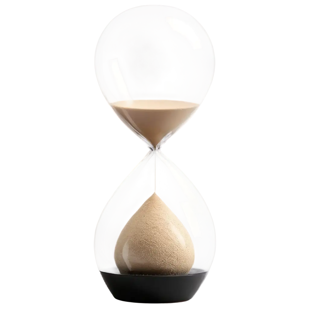 Front-facing PNG of a modern minimalist hourglass with clear glass bulbs and a sleek matte black metal or aluminum frame. Fine white or light beige sand is visibly flowing from the upper to the lower bulb. The neck between the bulbs is narrow with a smooth sand stream. Clean and symmetrical design with a balanced base, no markings or textures. Transparent background, centered composition, photorealistic quality, soft natural lighting with gentle shadows on the inner edges of the glass, high-resolution.